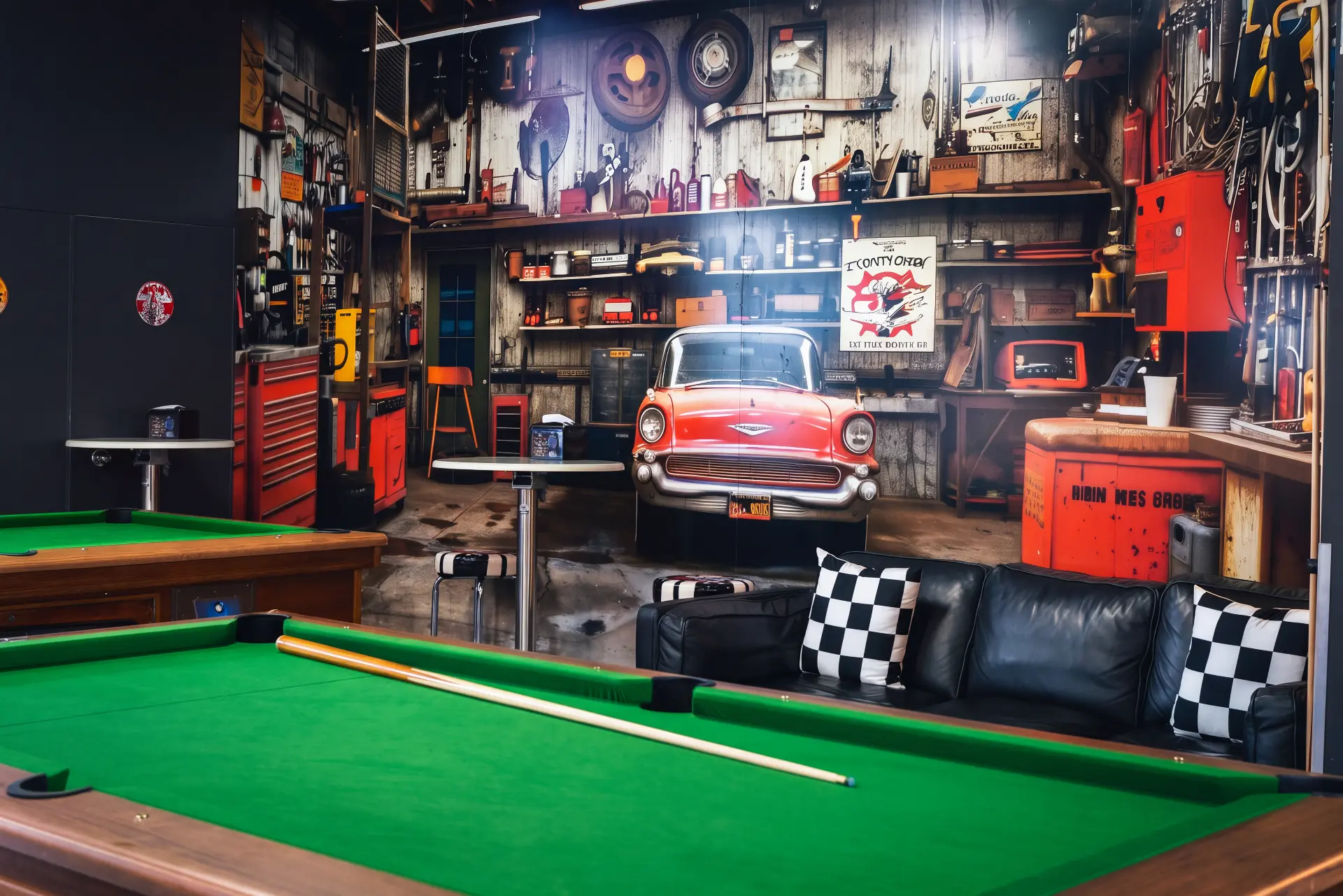 The Workshop Lounge bar with the pool table and lounges in front of the vintage garage mural